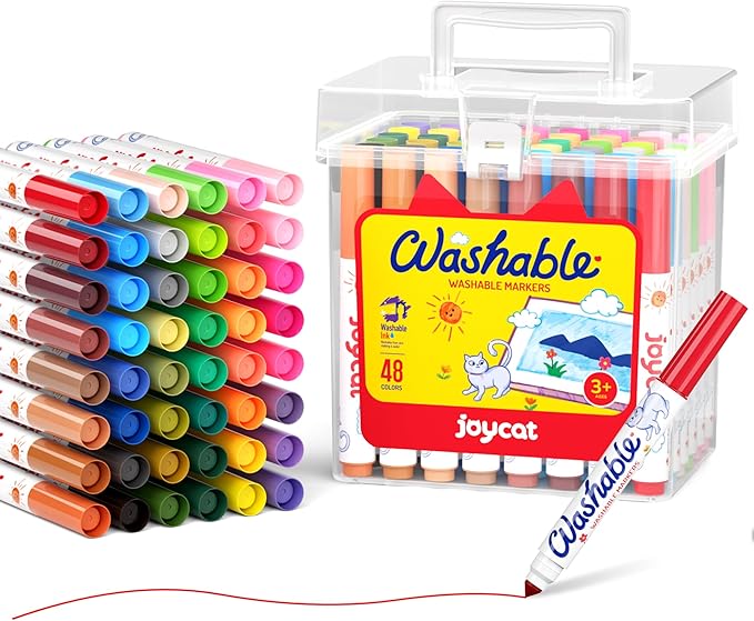 JoyCat 48 Colors Washable Markers for Kids, Art Set with Portable Carrying Case, Conical Tip Bulk Markers for Boys Girls, School Classroom Supplies & Birthday Gift