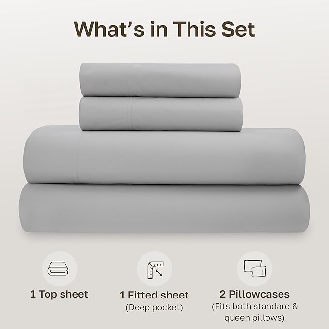 California Design Den Queen Bed Sheets - Soft 100% Organic Cotton Sheets with Deep Pockets, Crisp Percale, Breathable and Durable Bedding Set - Light Grey