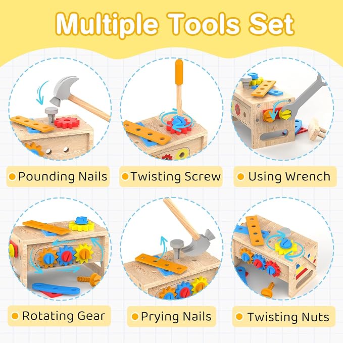 Montessori Toys for 2 Year Old Boy - Wooden Kids Tool Set with Apron | Toddler Bench STEM Educational Construction Toy for Ages 2-4, Pretend Play Birthday Gifts for Girls