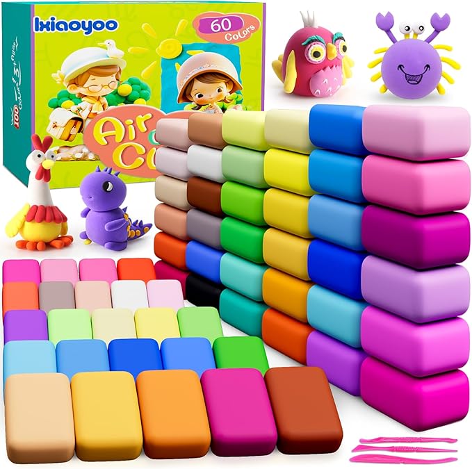 Ixiaoyoo Air Dry Clay for Kids, 60 Colors Modeling Magic Clay, DIY Model Arts & Crafts Kit with Sculpting Tools, Soft & Safe & Non-Toxic, School Projects, Birthday Toy Gifts for Boys & Girls Aged 3–12