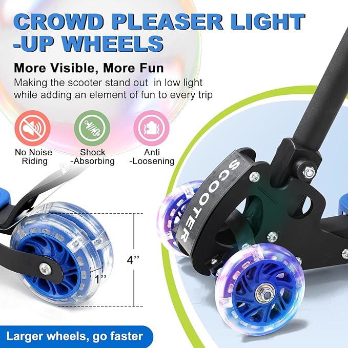Scooter for Kids 3-5 5-7,Light up 3 Wheels Kick Scooter,Heavy Duty Folding Lean-to-Steer Scooters with 3 Adjustable Handlebar for Boys Girls,Widen Anti-Slip Deck,Rear Break,Holds up to 150Lbs