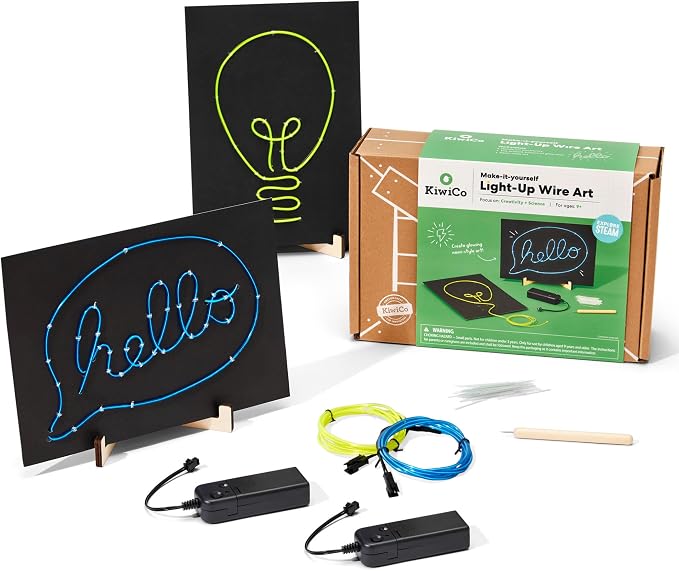 KiwiCo DIY Light-Up Wire Art STEM Kit, Ages 9+ – Electroluminescent Neon Sign Gift for Kids | Includes EL Wires, Battery Packs & Templates | Educational Science & Engineering Craft