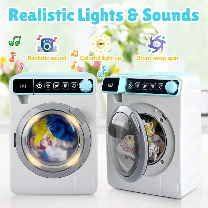 Kids Toy Washing Machine, Realistic Pretend Play Appliance for Girls, Interactive Toy Dollhouse Furniture, Play Washer and Dryer Playset with Spinning Drum