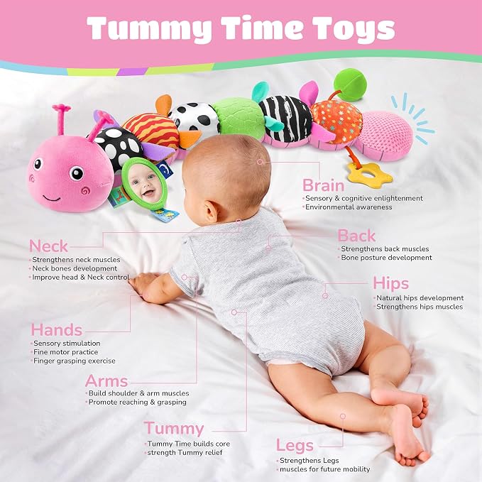 AWOTOY Baby Toys 6-12 Months Music Caterpillar Infant Toys Stuffed Animals 0-3-6 Months Teething Tummy Time Sensory Toys with Mirror Rattle&Pull String Boys Girls Shower Birthday Gifts