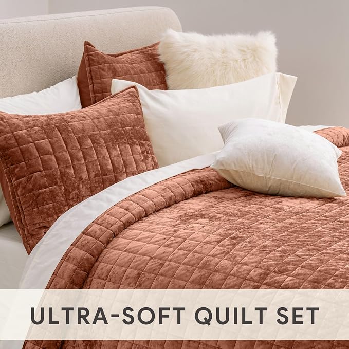 RECYCO Luxury Velvet Quilt Set Full Queen Size Bedding Sets, Ultra Soft Velvet Comforter Set, Lightweight Channel Box Stitch Oversized Bedspread Coverlet for All Season, with 2 Shams, Terracotta Fawn