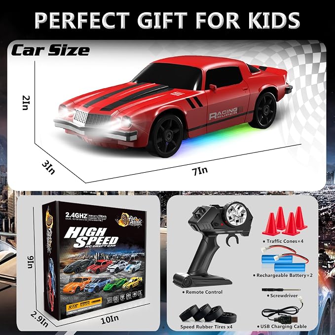 Remote Control Car RC Drift Car 2.4GHz 1:24 4WD 15KM/H High Speed Racing Sport Car with LED Lights Drifting Tire Racing Sport Toy for Adults Boys Girls Kids Gift 2Pcs Rechargeable Batteries