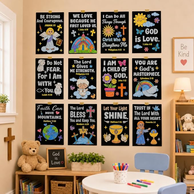 Cinrobiye 48 Pcs Velvet Coloring Posters Bible Fuzzy Posters to Color Bulk Felt Religious Inspirational Coloring Page Craft for Christian Party Favors Gift Prizes Sunday School Church Activities