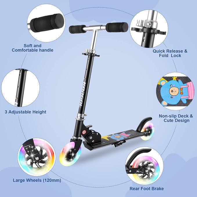Scooter for Kids Ages 3-12 - Kids Kick Scooters with Led Light Up Wheels & 3 Levels Adjustable Handlebar, Lightweight Foldable 2 Wheel Girly Pink Scooter Christmas Birthday for Girls Boys.