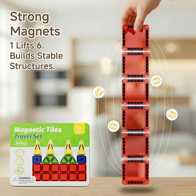 Travel Magnetic Tiles for Kids Car Games: 26 PCS Mini Magnet Building Blocks in Tin Box to Stop Crying - 0.64 lb Pocket Size Educational Toy - Road Trip Essentials - Boys Girls Age 3-8