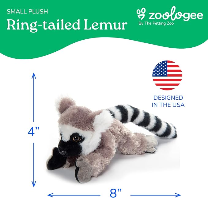 The Petting Zoo Ring Tailed Lemur Stuffed Animal Plushie, Gifts for Kids, Scoopz Wildlife Animals, Lemur Plush Toy, 8 inches