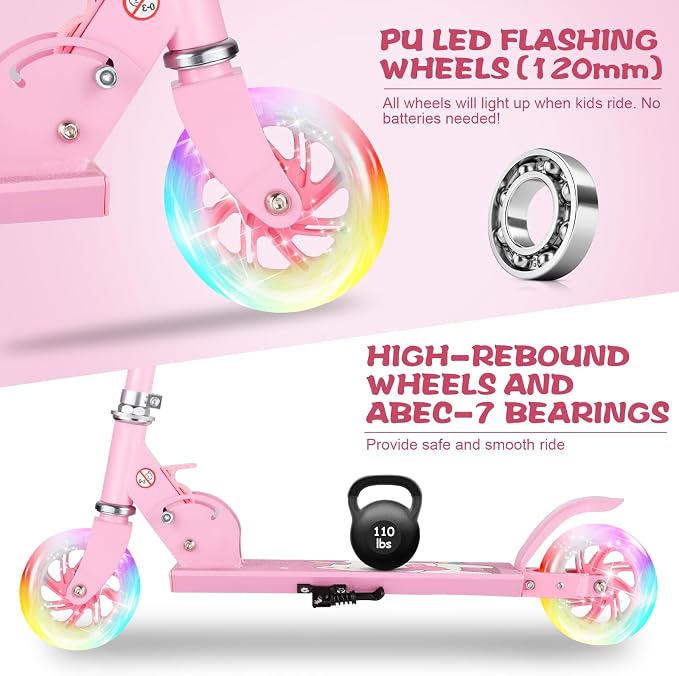 Scooter for Kids Ages 3-12 - Kids Kick Scooters with Led Light Up Wheels & 3 Levels Adjustable Handlebar, Lightweight Foldable 2 Wheel Girly Pink Scooter Christmas Birthday for Girls Boys.