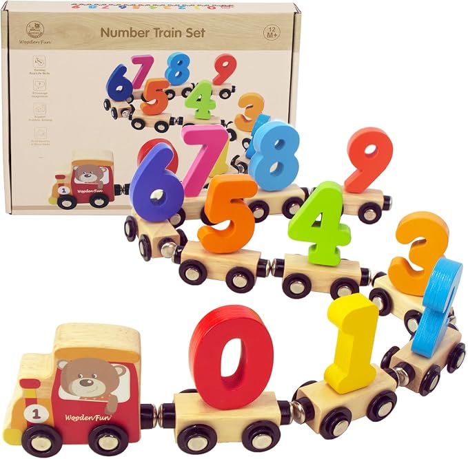 WOODENFUN Number Train Set for 1 2 3 Year Olds, Educational Toy Cars for Toddlers, Montessori Learning Toys for Boys and Girls