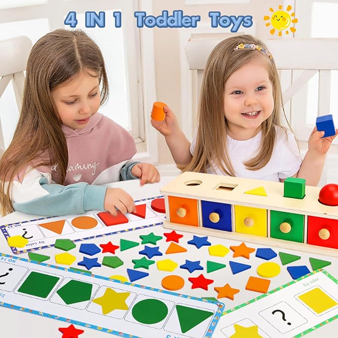 Peacurh Montessori Toys Wooden Color & Shape Sorter Toys for Toddlers, Matching Box Sorting Blocks Manipulatives Preschool Learning Educational Toy for 3 4 Year Old Boy Girl Kid Gifts