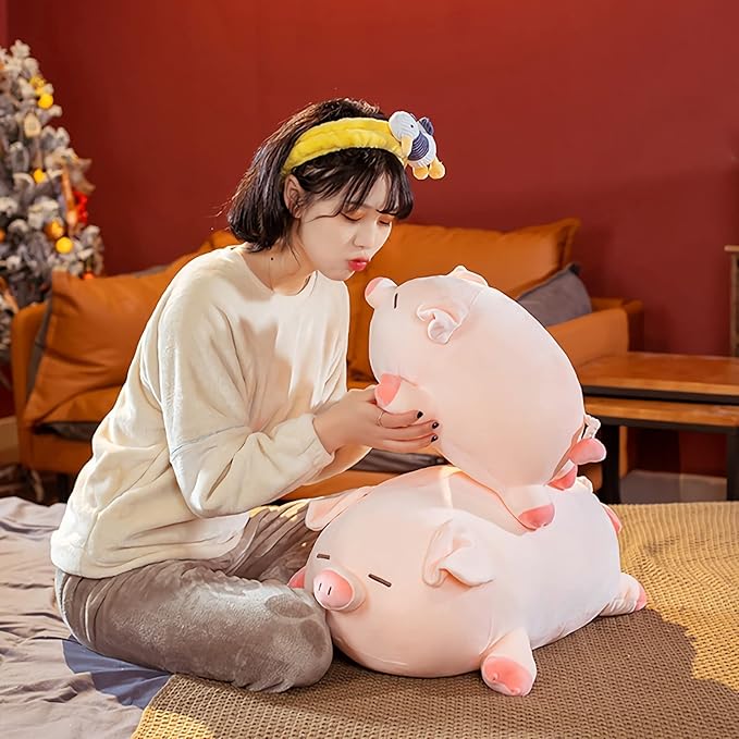 Pig Stuffed Animal Plush Pillow - 15.7'' Cute Kawaii Pink Pig Hugging Pillow, Soft Cuddle Plush Toy, Adorable Birthday Gift for Girls and Girlfriend (Round Eyes, 15.7in)