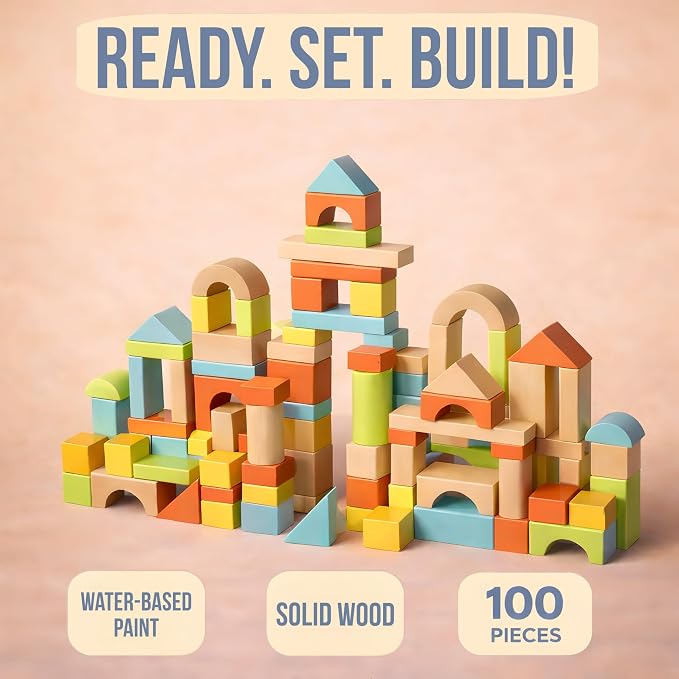 MOD 100-Piece Wood Building Blocks Set — Includes Heavy Duty Shape-Sorter Lid & Storage Bucket Pastel Color Wooden Blocks, Educational Screen-Free Toy for Toddlers Ages 1 2 3