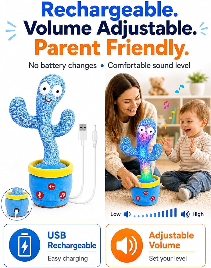 Rechargeable Dancing Talking Cactus Toy Adjustable Volume, Singing Mimicking Cactus Baby Toy, Safe Plush Eyes Baby Toys 18 month+, 1st Birthday Girl Gifts, 1 Year Old Girl Gifts (Rechargeable Blue)