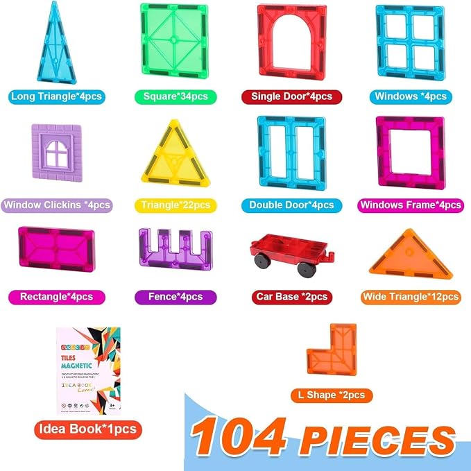 OugerToy 104PCS Magnetic Tiles STEM Building Blocks for Kids Ages 3-9, Educational Stacking Toys with Car Bases, Creative Construction Gift for Boys Girls