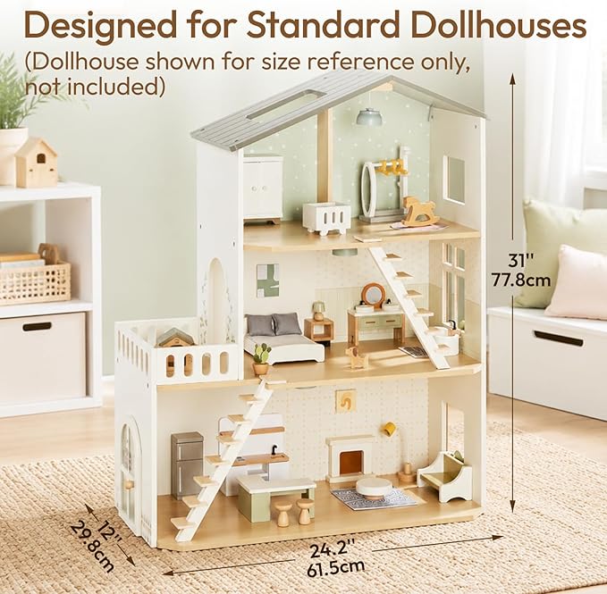 Giant bean 33 PCS Wooden Dollhouse Furniture Set, Modern Doll House Accessories with Bedroom, Kitchen, Bathroom, Nursery & Living Room, Montessori Pretend Play Toys for Kids Girls Boys Age 3+