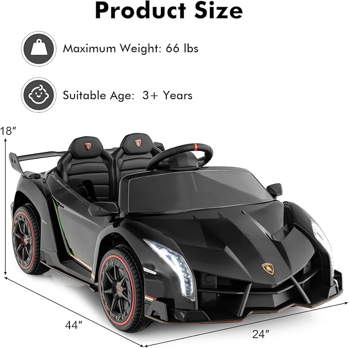 INFANS 2 Seater Kids Ride on Car, 12V 4WD Licensed Lamborghini Veneno Powered Electric Vehicle with Hydraulic Doors, Rocking Mode, Adjustable Speeds, Remote Control, MP3, Headlight (Black)