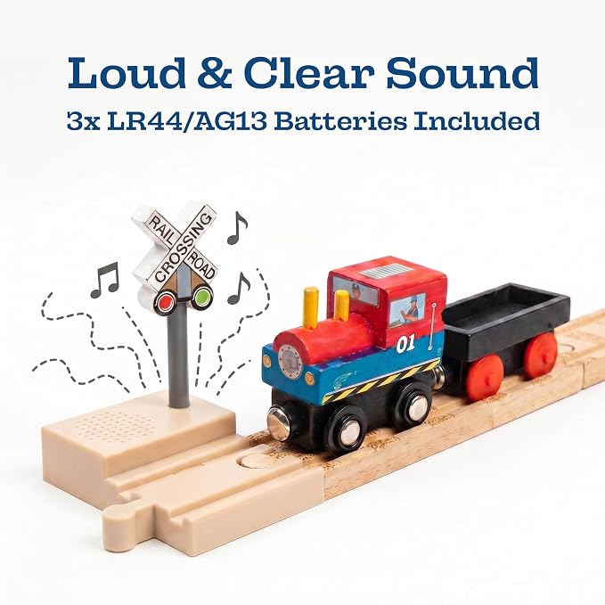 Sound Making Wooden Railroad Crossing Signal | Train Crossing Track Compatible with All Major Wooden Railway Train Track Sets | Battery-Powered Train Track Accessories Wood Layout