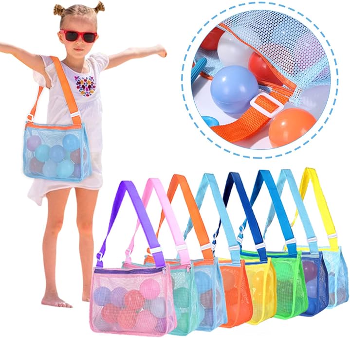 UTTPLL Colorful Mesh Beach Bag Adjustable Kids Quick Dry Net Tote for Seashell Collecting Sand Toy Swimming Accessories