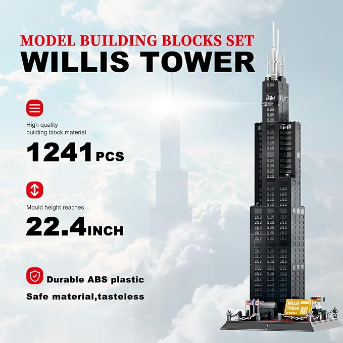 Willis Tower Chicago Architecture Building Block Set 1235 Pcs Famous City Skyline Landmark Model Kit Tall Skyscraper Construction Toy for Adults & Teens Home Office Desk Decor Display Gift