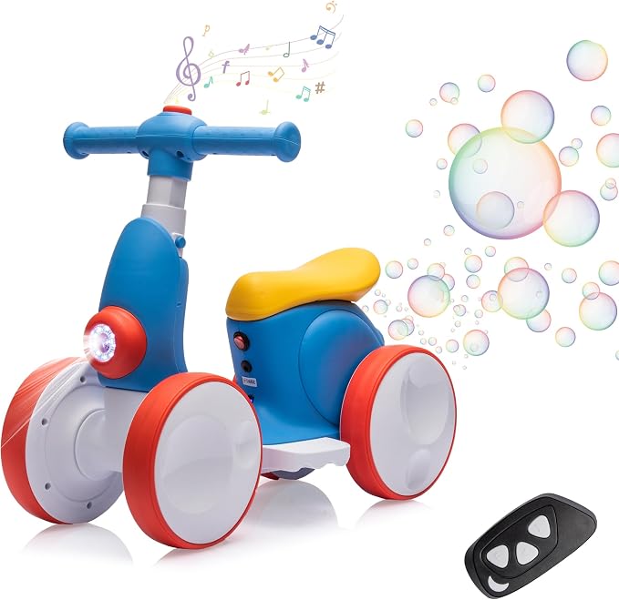 6V Electric Baby Balance Bike for 1 Year Old Boys Girls Ride on Toys 12-36 Months Toddler Balance Bike, 4 Wheels Kids First Bike with Remote Control First Birthday Gifts- Blue&Red