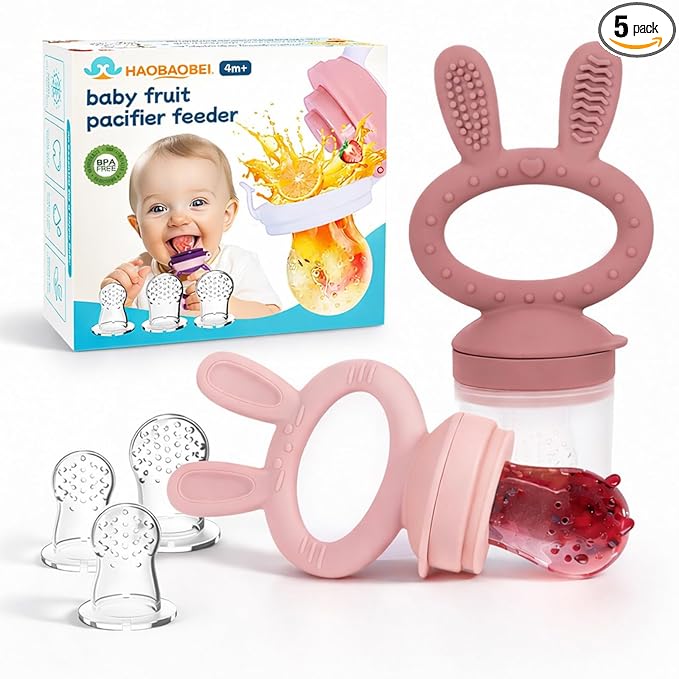 Baby Fruit Feeder Pacifier 2 Pack, Silicone Baby Food Feeder, Pink Bunny Feeder for Babies 4M+, Frozen Fruit Feeder Teething Toy, BPA Free for Fresh Fruit, Veggies & Breastmilk