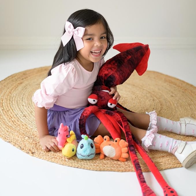 5Pcs Giant Squid Stuffed Animal with 4 Sea Animal Plush Toy, Clownfish Crab Seahorse Angler Fish Baby Stuffed, 41.3" Squid Plush for Boys Girls Kids, Ocean Theme Party Decor