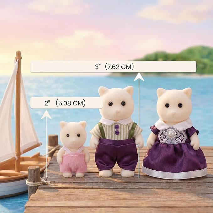 Family Cream Cat Figures — Set of 3 Collectible Flocked Mini Dolls with Removable Clothes, Dollhouse Pretend Play Set for Kids Ages 3+