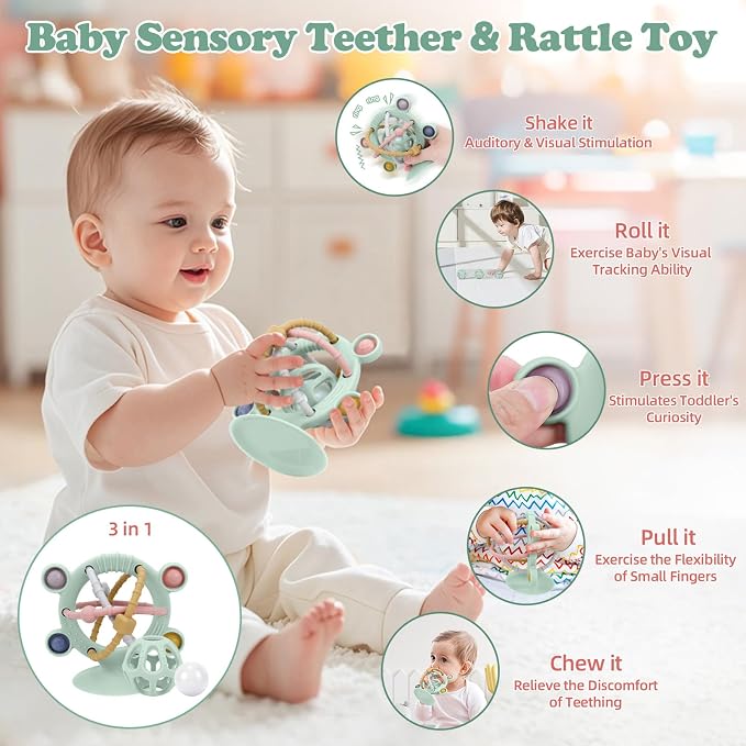 TYRY.HU Silicone Baby Teething Toys for Babies 0-6 6-12 Months, Multi Purpose High Chair Toys, Baby Suction Table Toys, Teething Relief Chew Toy, Sensory Rattle Toy with Textures for Infants, Green