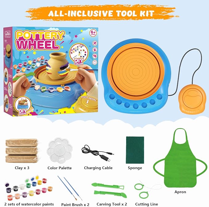 Pottery Wheel for Kids with Complete Clay Kit,Beginner Pottery Painting Set with Air Dry Clay,12 Paints,Sculpting Tools,Apron and Guide,Arts and Crafts Christmas Birthday Gift for Girls Boys Ages 6-12