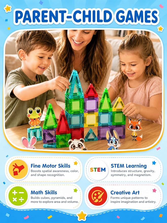45PCS Mini Magnetic Tiles for Kids Ages 3-8, Travel Magnetic Building Blocks Set with 5 Cartoon Animal Figures, STEM Toys for Boys Girls, Portable Tin Case, Rabbit Panda Frog Fox Wolf