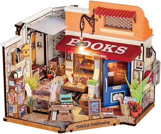 Rowood Miniature House Kit,Mother's Day Mini House Building Kit with LED,DIY Dollhouse Craft Kits for Adults,Birthday for Women Ages 14+(Corner Bookstore)