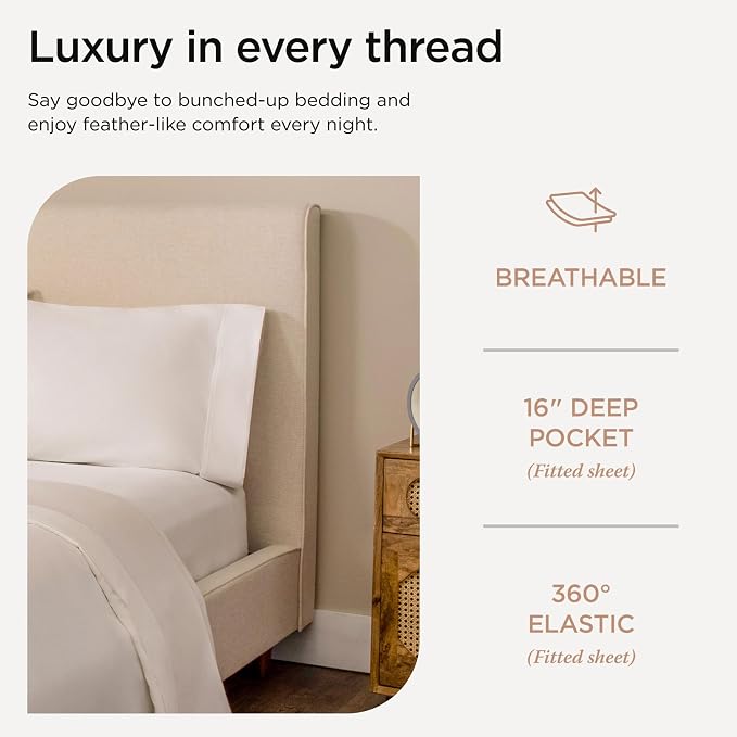 Threadmill 100% Cotton Sheets for Queen Size Bed - 600 Thread Count Queen Bed Sheets Set with 16” Deep Pocket - Sateen Weave 4-Piece Bedding Set with Cooling Effect, White