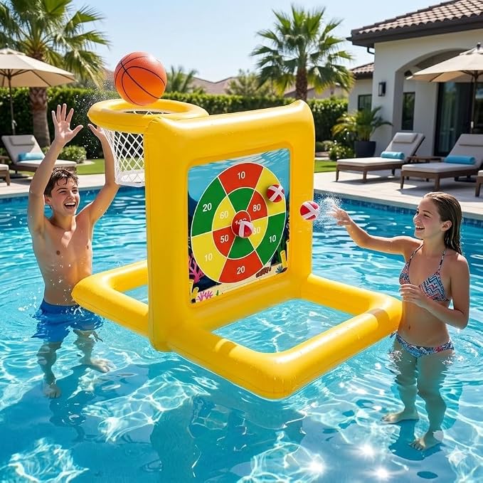 Pool Toys for Kids & Adults, 2-in-1 Pool Basketball and Dart Board Game Set, Family Summer Water Games for Kids Ages 6+ and Adults, Backyard Pool Party Games, Yellow