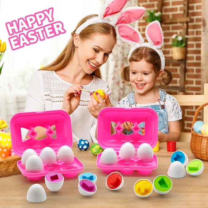 MOONTOY Toddler Toys Easter Eggs Learning Montessori Toys for 1 2 3 Year Old Girl Boy Kid Gift Matching Eggs Educational Color Sorting Baby Puzzle Cognitive Shape Sorter, 6 Eggs Easter Basket Stuffers