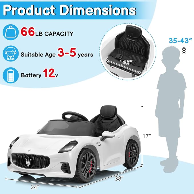 Winado 12V Ride on Car, Licensed Maserati Electric Car for Toddlers W/Remote Control, Battery Car for Kids with Bluetooth, 3 Speeds, LED & Rear Lights, Music & Horn (White)