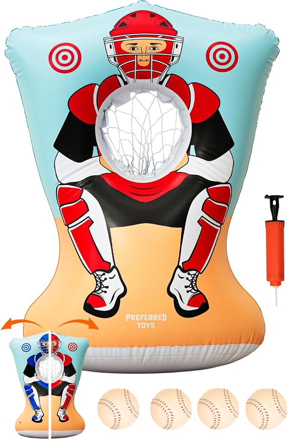 Preferred Toys Inflatable Baseball Pitching Target for Kids 3 and Above - Double-Sided Throwing Toss Game with 4 Soft Balls - Indoor Outdoor Baseball Toys Training Equipment - Red/Blue