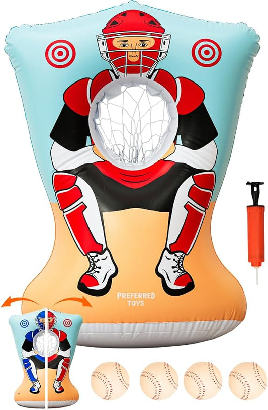 Preferred Toys Inflatable Baseball Pitching Target for Kids 3 and Above - Double-Sided Throwing Toss Game with 4 Soft Balls - Indoor Outdoor Baseball Toys Training Equipment - Red/Blue