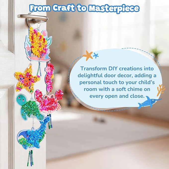 JoyCat Poke-in Wind Chime Craft Kit for Kids, 3D Sea Creature DIY Set with Audible Wind Chime Pieces, 6 EVA Ocean Figures, Mess-Free Creative Activity, Arts and Crafts & Birthday Gift for Kids Age 3+