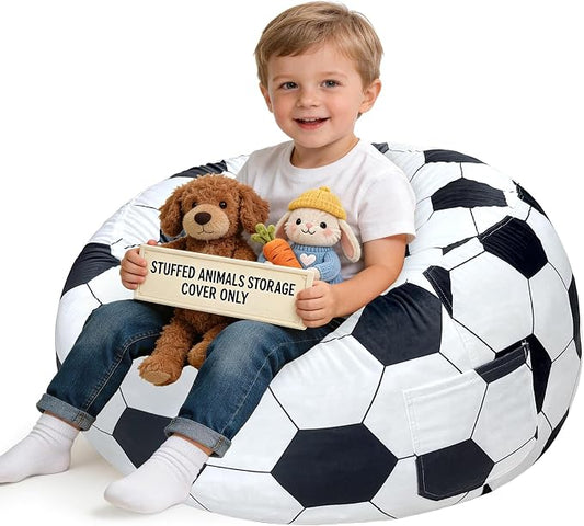 Lukeight Soccer Stuffed Animals Storage Bean Bag Chair Cover for Kids Toddlers, Cozy Velvet Plush Toy Organizer Seat, Cover Only, No Filling Included, Long YKK Zipper, Side Pocket, Large 27 x 16 in