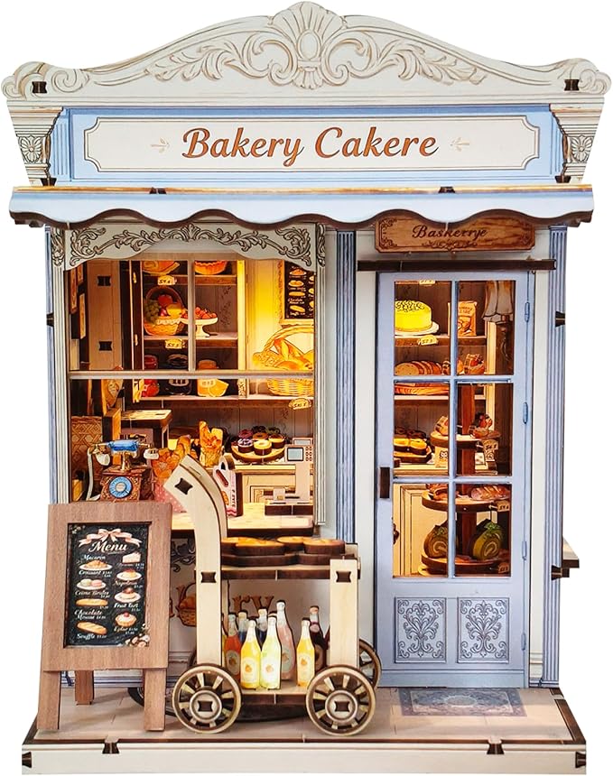 DIY Miniature House Kit, Bakery Book Nook Kit, 3D Wooden Puzzles Bookshelf Craft Kits, Dollhouse Kit with LED Light, Mini Building Kit for Adults Teen to Build(Bakery Shop)