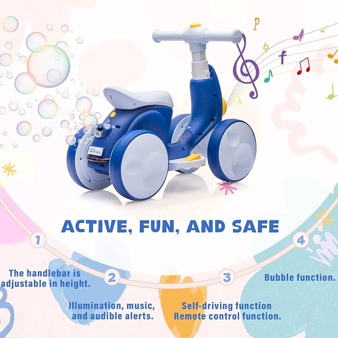 6V Electric Baby Balance Bike for 1 Year Old Boys Girls Ride on Toys 12-36 Months Toddler Balance Bike, 4 Wheels Kids First Bike with Remote Control First Birthday Gifts- Blue