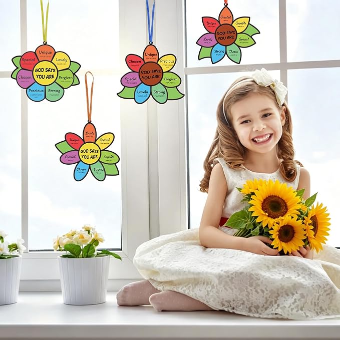 Fennoral 24 Pack Religious Sunflower Crafts for Kids Make Your Own God Says You are Sunflower Suncatchers DIY Christian Bible Verse Ornaments for Sunday School Classroom Activities Church Party Decor