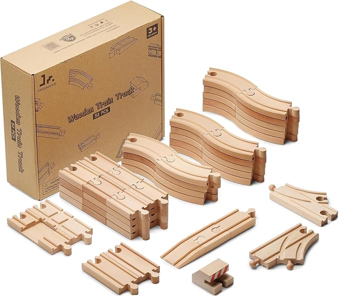 SainSmart Jr. Wooden Train Track 52 PCS, Track Expansion Compatible with All Major Brands Toddler Railway Toy Train Set Boys Train Set 3+
