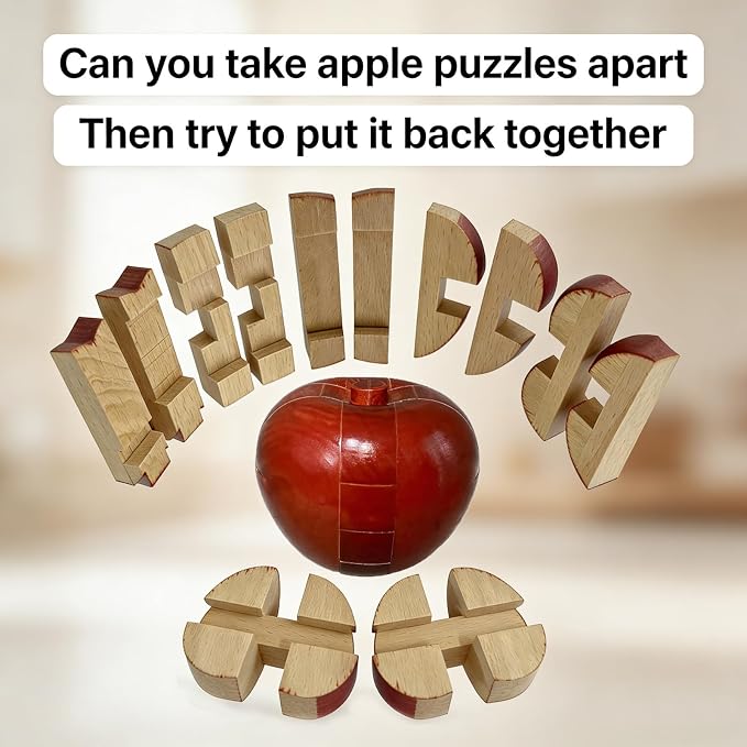 Brain Teasers Wooden Apple Puzzles for Adults - Challenging 3D IQ Logic Games for Teens 14+, Stress Relief Desk Toys & Office Decor, Unique Gifts for Women,Men,Grandparents (Red)
