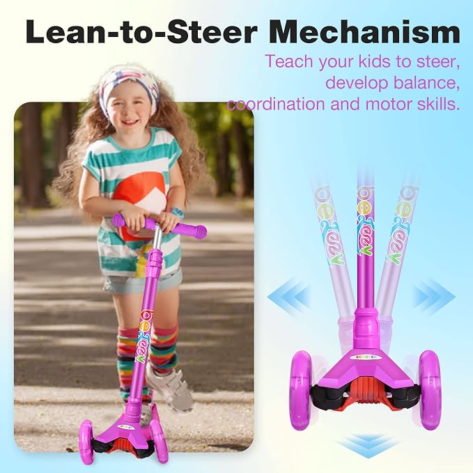 BELEEV Scooters for Kids 3 Wheel Kick Scooter for Toddlers Girls Boys, 4 Adjustable Height, Lean to Steer, Light up Wheels, Extra-Wide Deck, Easy to Assemble for Children Ages 3-12