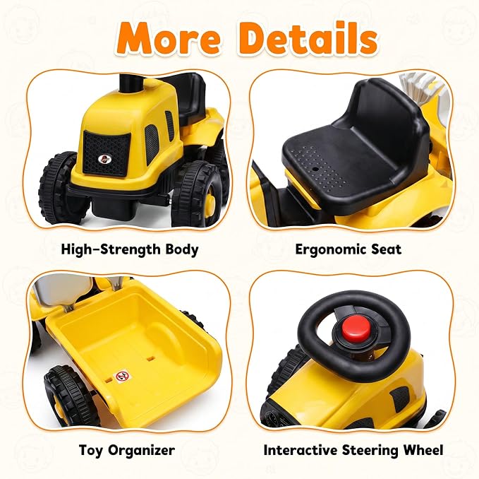 Kids Ride on Tractor, 2 in 1 Foot to Floor Push Car w/Detachable Trailer, Horn, Rake & Shovel, No Power Sliding Toy Gift for Toddlers, Outdoor Ride on Construction Vehicle (Yellow)