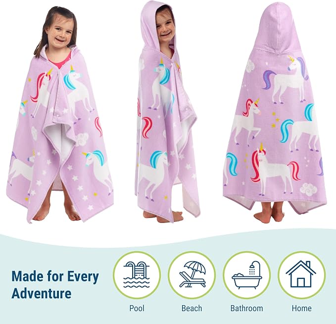 Wildkin Kids Hooded Beach Towel – 100% Cotton, Snap Front for Bath, Pool & Beach - Unicorns
